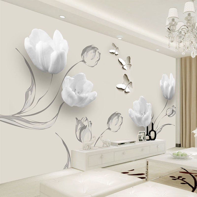 Free Ongkir Promo Custom Mural Wallpaper Modern 3d Stereo Tulip Kupu Kupu Bunga Lukisan Dinding