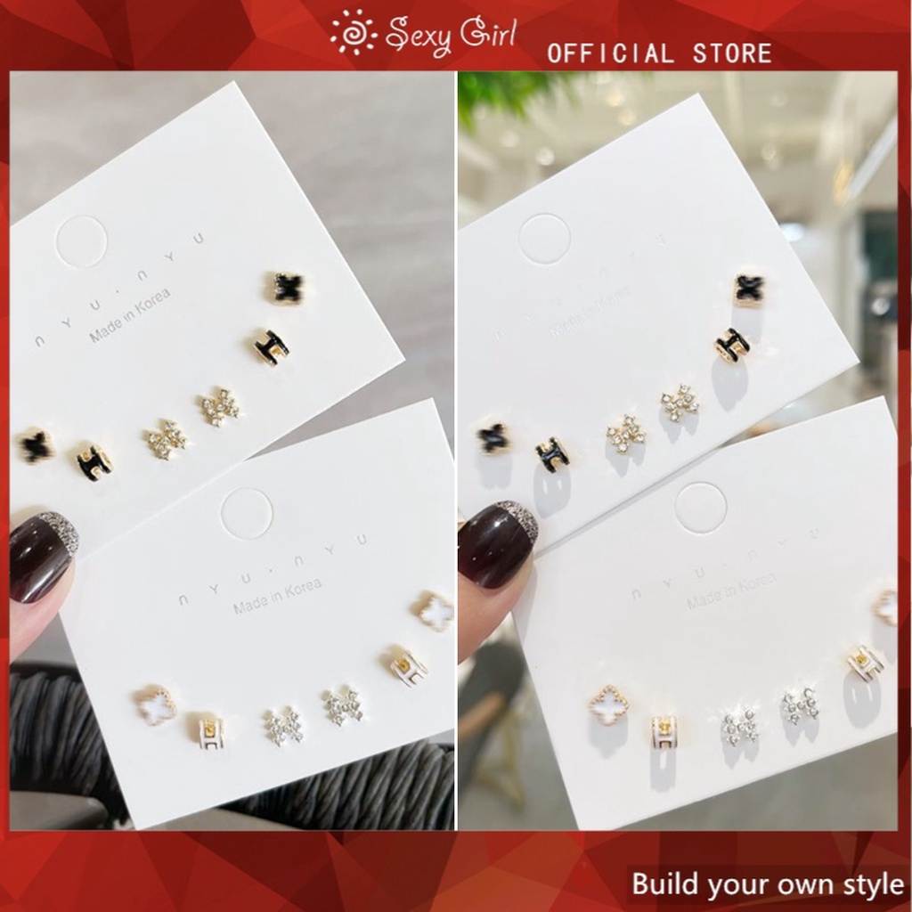 Set Anting S925 Silver Needle Desain Bunga Clover Lucky Aksen Mutiara Untuk Perempuan