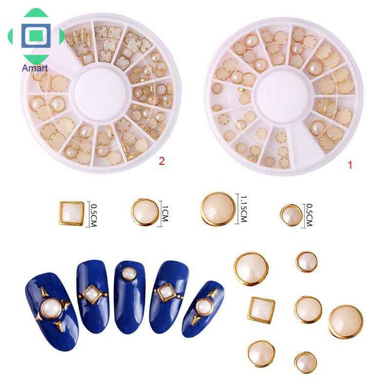 1 Kotak Manik-Manik Mutiara Glitter 3D untuk Dekorasi Manicure / 3D Bulat Mutiara Gold Nail