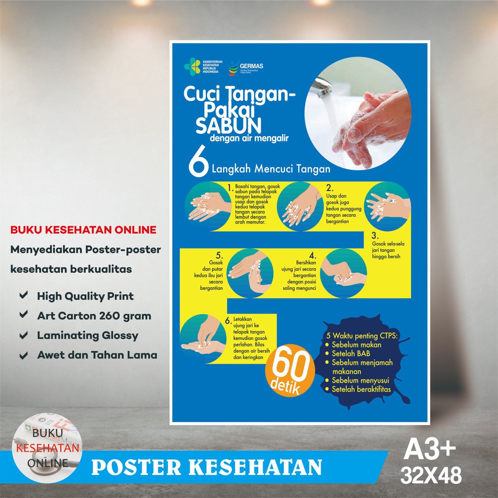 Poster 6 Langkah Cuci Tangan Pakai Sabun Dengan Air Mengalir Laminating Glossy Shopee Indonesia