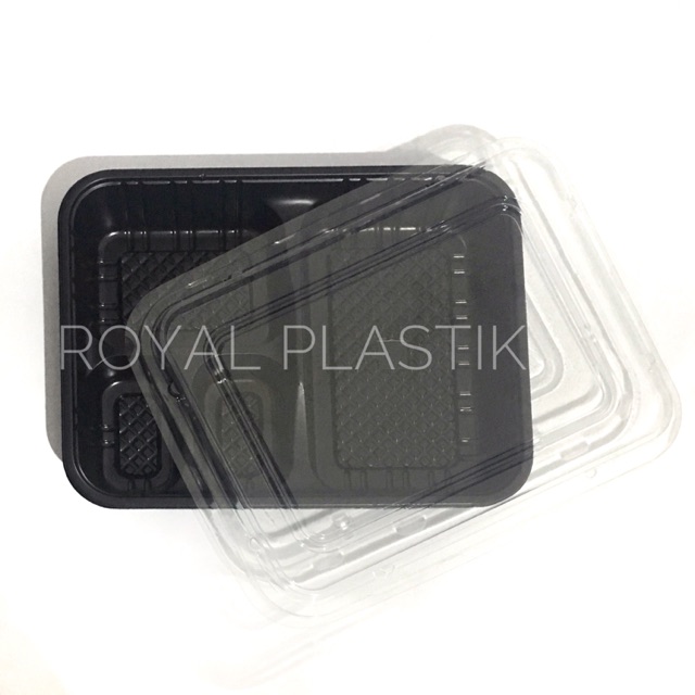 Box Kotak Makanan Nasi Plastik Mika Tray Bento / Lunch Box 4 Sekat Hitam Tebal MURAH