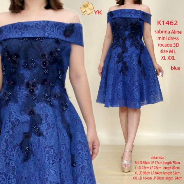 Osdress 1462 mini dress sabrina brokat aline biru blue import premium minidress pesta wedding