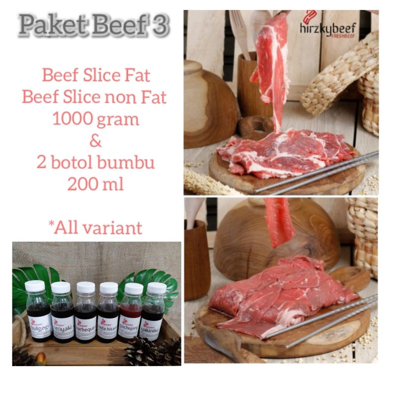 

Paket Beef 3 Beef Slice Fat 500 gram, Beef Slice non Fat 500 gram dan bumbu marinate 200 ml