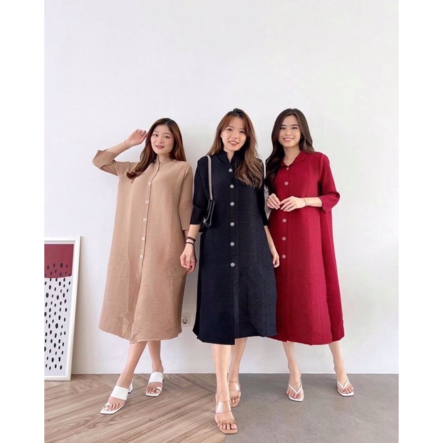 DRESS WANITA NAIK TURUN VIRAL JUMBO DEWASA TUNIK MIDI BAWAH LUTUT PLISKET PRISKET PREMIUM PLEATS IMP