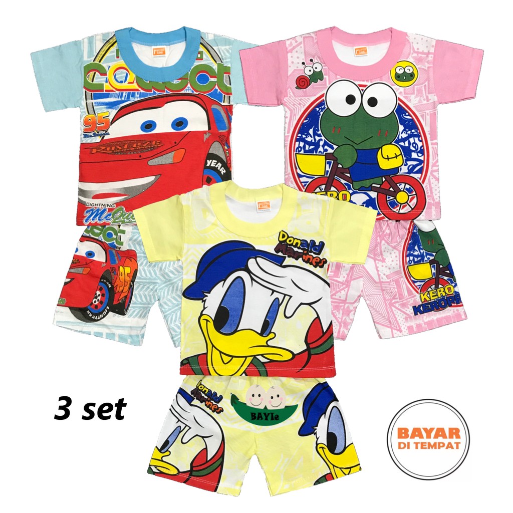 Bayie - 3 SET Setelan Pendek Kaos Oblong Bayi/Anak Laki-laki/Perempuan KARAKTER TUA PROTO 3-12 bulan