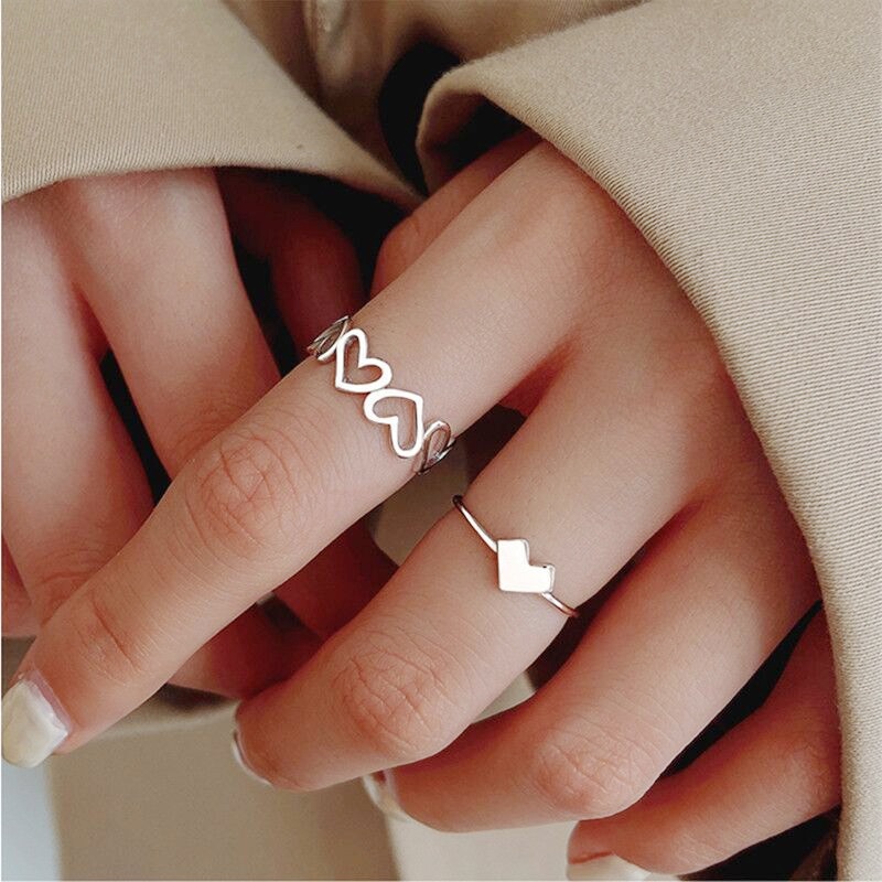 2pcs / Set Cincin Bentuk Hati Model Terbuka Warna Silver Dapat Disesuaikan Untuk Wanita