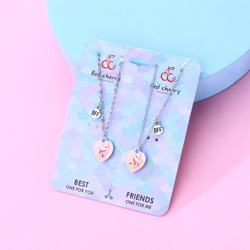 2pcs / Set Kalung Rantai Dengan Liontin Unicorn Hati Warna-Warni Untuk Hadiah Persahabatan