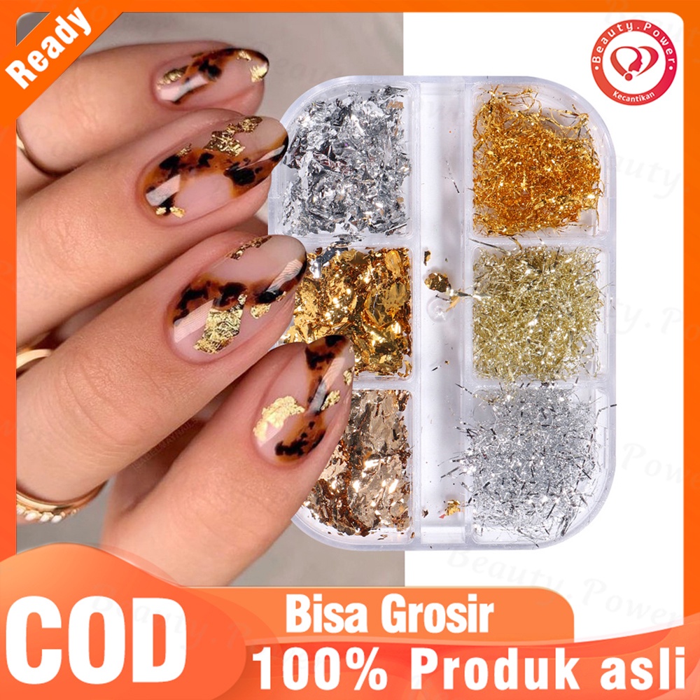 6 Sekat / Kotak Stiker Foil Glitter Sequin Asimetris Emas dan Perak Warna Dekorasi Nail Art Diy