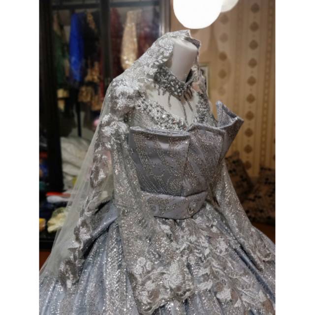 Gaun pengantin muslim / gaun pengantin mewah / ballgown / gaun silver / gaun terbaru