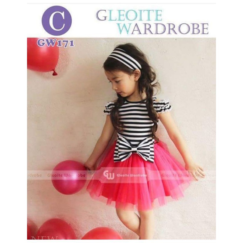 GW Stripe Dress Anak Perempuan Black White Pink Princess Korean 4 5 6 7 8  Tahun