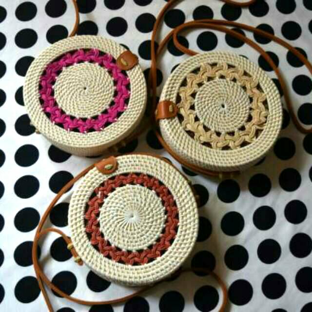 Tas Rotan Bulat Putih / Natural single anyam 20 cm | asli Lombok bali murah rattan bag