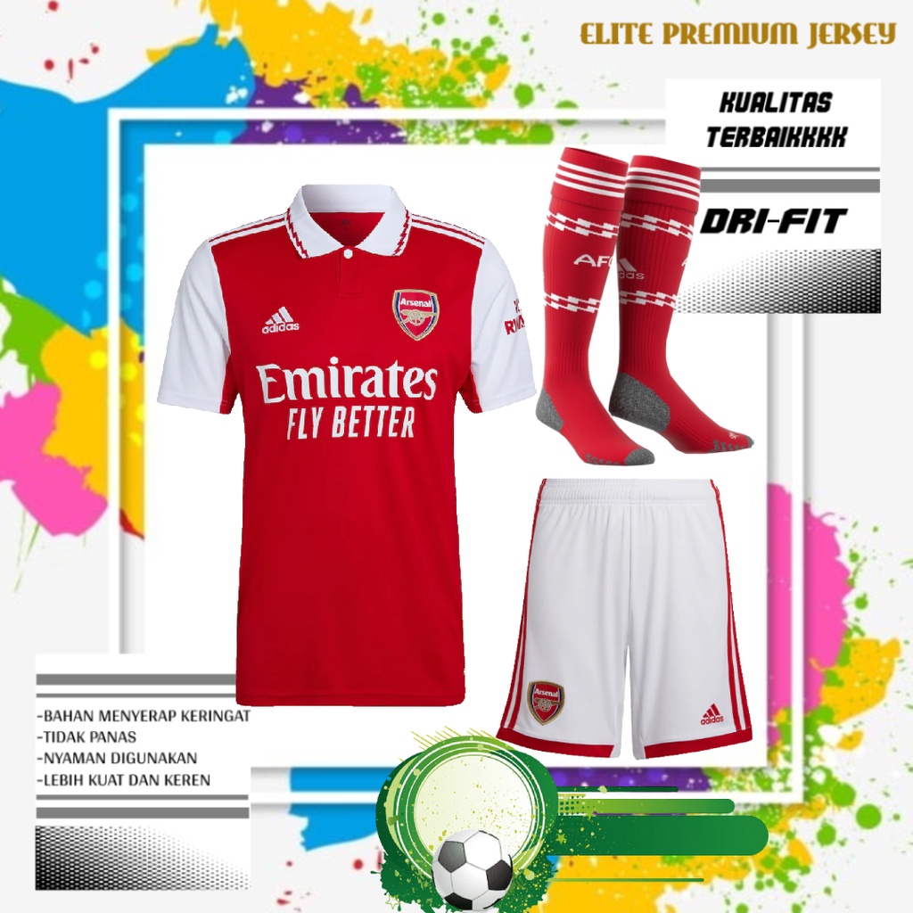 FULL SET JERSEY, CELANA & KAOS KAKI SEPAK BOLA ARSENAL HOME 2022/2023 GRADE ORI KUALITAS TERBAIK | S