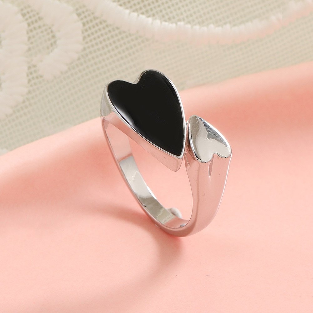 Cincin Wanita Model Terbuka Lapis Silver Desain Hati Hitam Adjustable Untuk Pesta / Hadiah