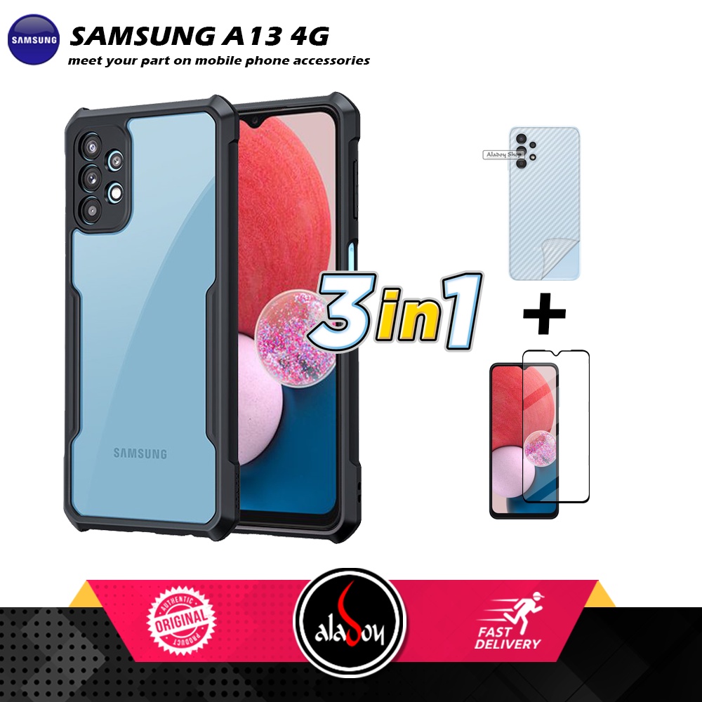 Case SAMSUNG A13 4G Armor Fushion Transparent Casing + Tempered Glass Full Layar dan Skin Carbon