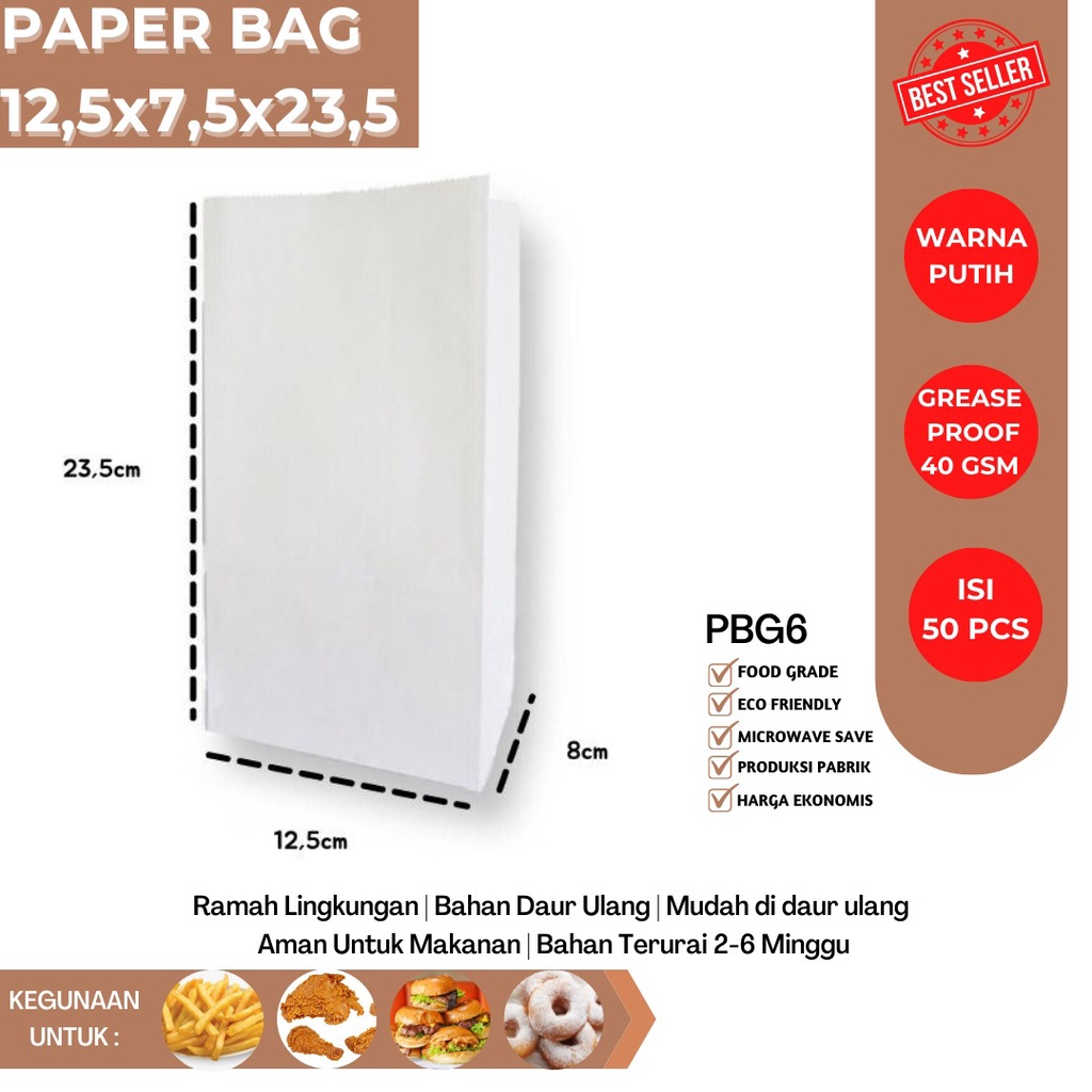 Paper Bag Small Roti Size 12.5X8X23.5 (Isi 50 Pcs-PBG6)