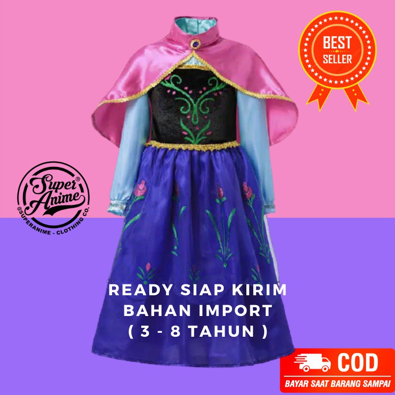 Kostum Baju Frozen Anak Perempuan Princess Anna Gaun Dress Ultah 3 - 8 Tahun Import