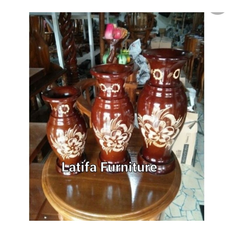 Vas meja vas guci merak set isi 3 dari kayu jati asli