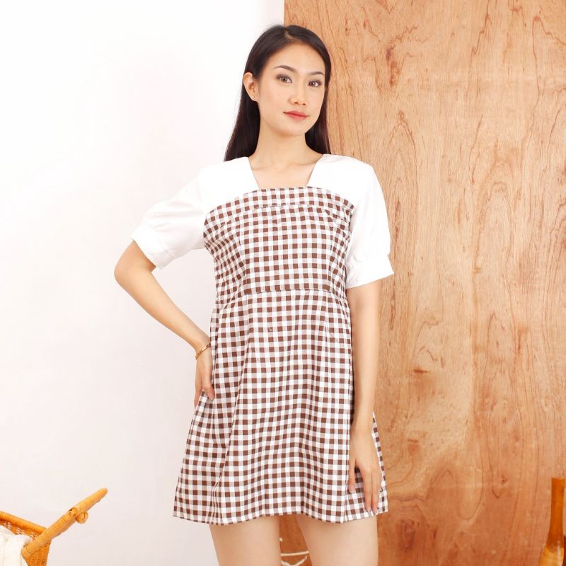 dress two tone combi kotak lengan puff kemeja kombinasi// mini dress motif catur chess// summer dress gaun santai