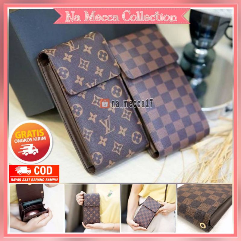 Tas Selempang Mini Wanita Pocket HP Motif Damier Mono Bunga LV Catur Dompet Multifungsi Muat Smartph