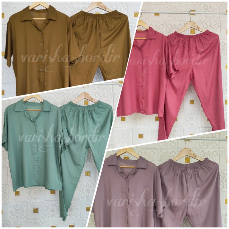 ONE SET VINETTA LENGAN PENDEK FULL KANCING Baju Tidur Rayon Set / Setelan Baju Tidur Set / Piyama Rayon Polos