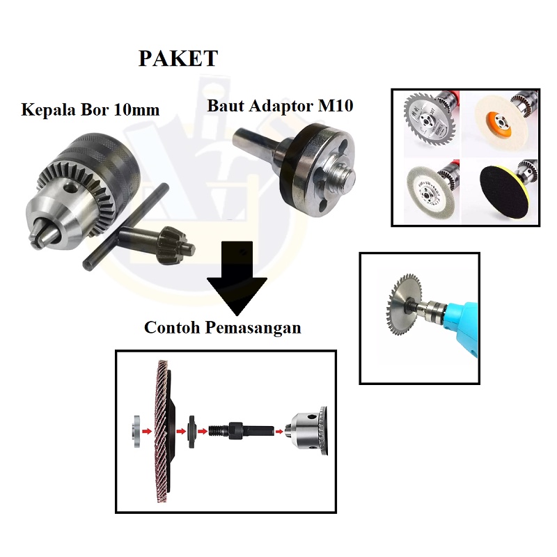 PAKET Kepala Bor 10mm Drill Chuck Mesin Bor 10 mm + Set Baut Adaptor Adapter M10 Dan Mur Gerinda Bor