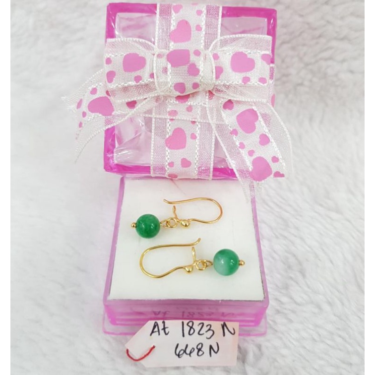 At1823N668N anting permata batu giok hijau jade sembur emas kuning asli berat 1.500 kadar 70% 16k