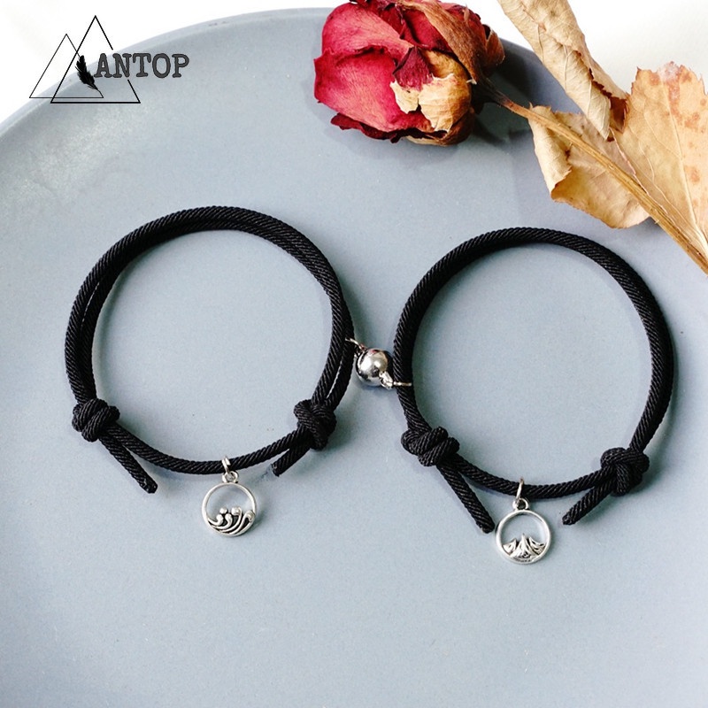 2 Pcs Gelang Pikat Pasangan / Gelang Sahabat / Gelang Pria / Magnet Tenun Tali Hitam Merah Menarik Perhiasan Cinta Jarak Jauh B1 Antop