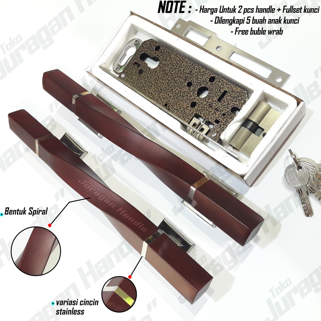 satu set gagang pintu dan kunci rumah handle pintu unik model spiral mahoni body pelor tarikan pintu minimalis