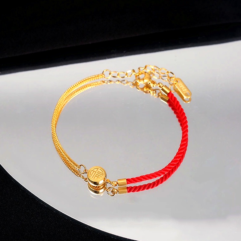 Gelang Tali Titanium Wanita Anti Karat 'Fu' Keberuntungan Emas 18K Aksesoris