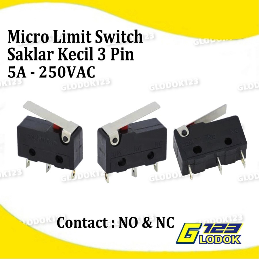 Micro Limit Switch Saklar Kecil Mini On Off NO NC 3 Pin Gagang 5A 250V