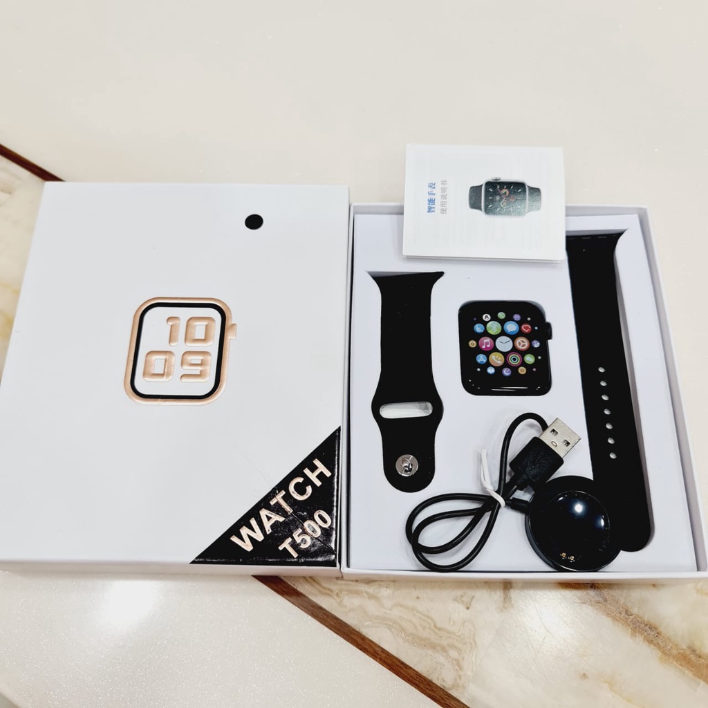 100%ORI COD JAM TANGAN Smartwatch T55 T500 DAPAT 2 TALI bisa telepon Bluetooth ganti wallpaper foto sendiri Notifikasi Sosmed Pemutar Musik Monitor Detak Jantung Tekanan Darah Wanita Pria Cewek Cowok-T500 Hitam 1TALI