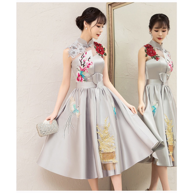 Gaun Pesta 2112002 Abu Silver Cheongsam Party Dress Gown