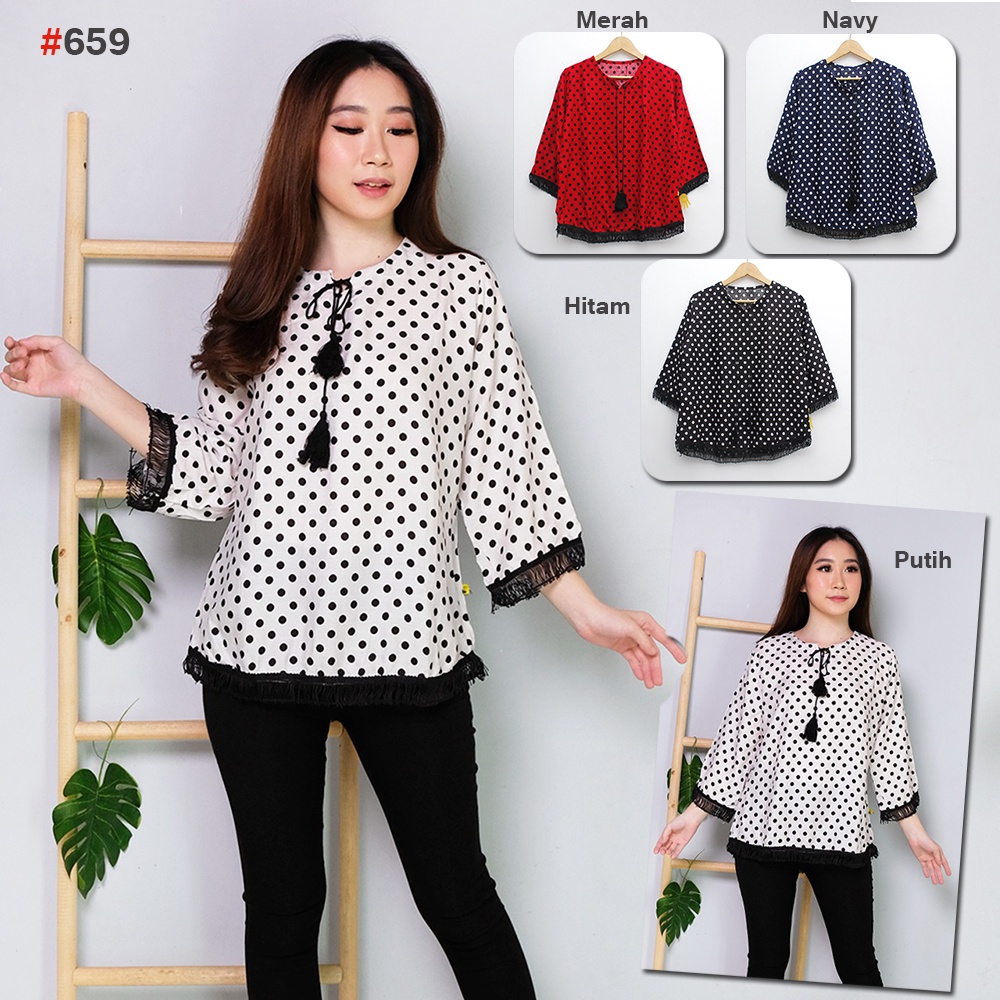 [JakartaFashion] blouse katun motif polka kecil atasan rumbai hitam jambul tali bohemian