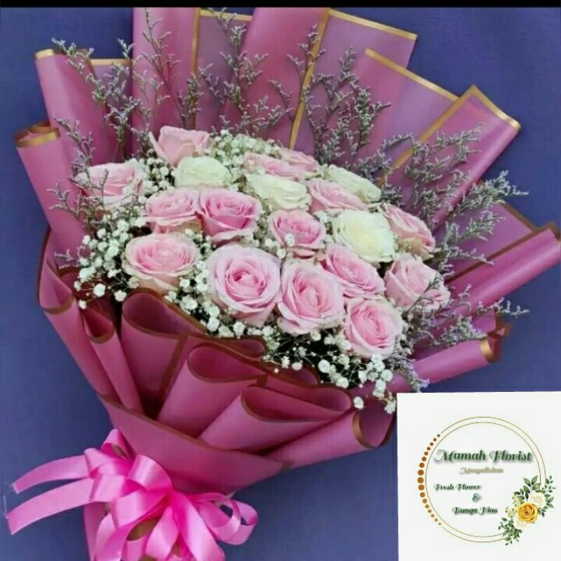 BUKET BUNGA ROSE PUTIH PINK VARIASI BABYBREAD CASPEA 20 TANGKAI