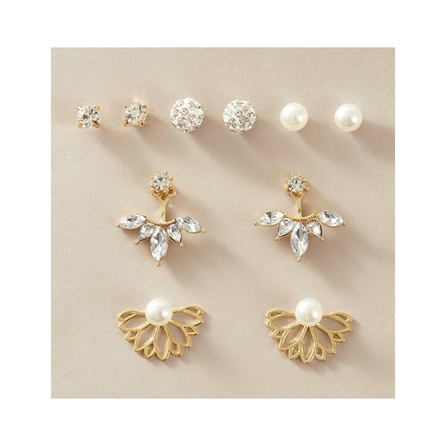 LRC Anting Set Fashion Golden Lotus Diamond Ball Pearl Flower Pierced K08226