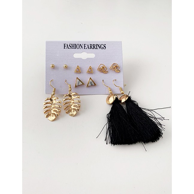 LRC Anting Set Fashion Gold Alloy Leaf Tassel Stud Earring Set F59122