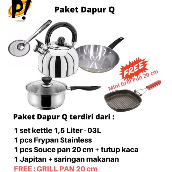 Termurah Carote Panci Serbaguna TQ333 Paket Dapur Q Wajan, Kettle, , Jepitan Stainless Free Grill P