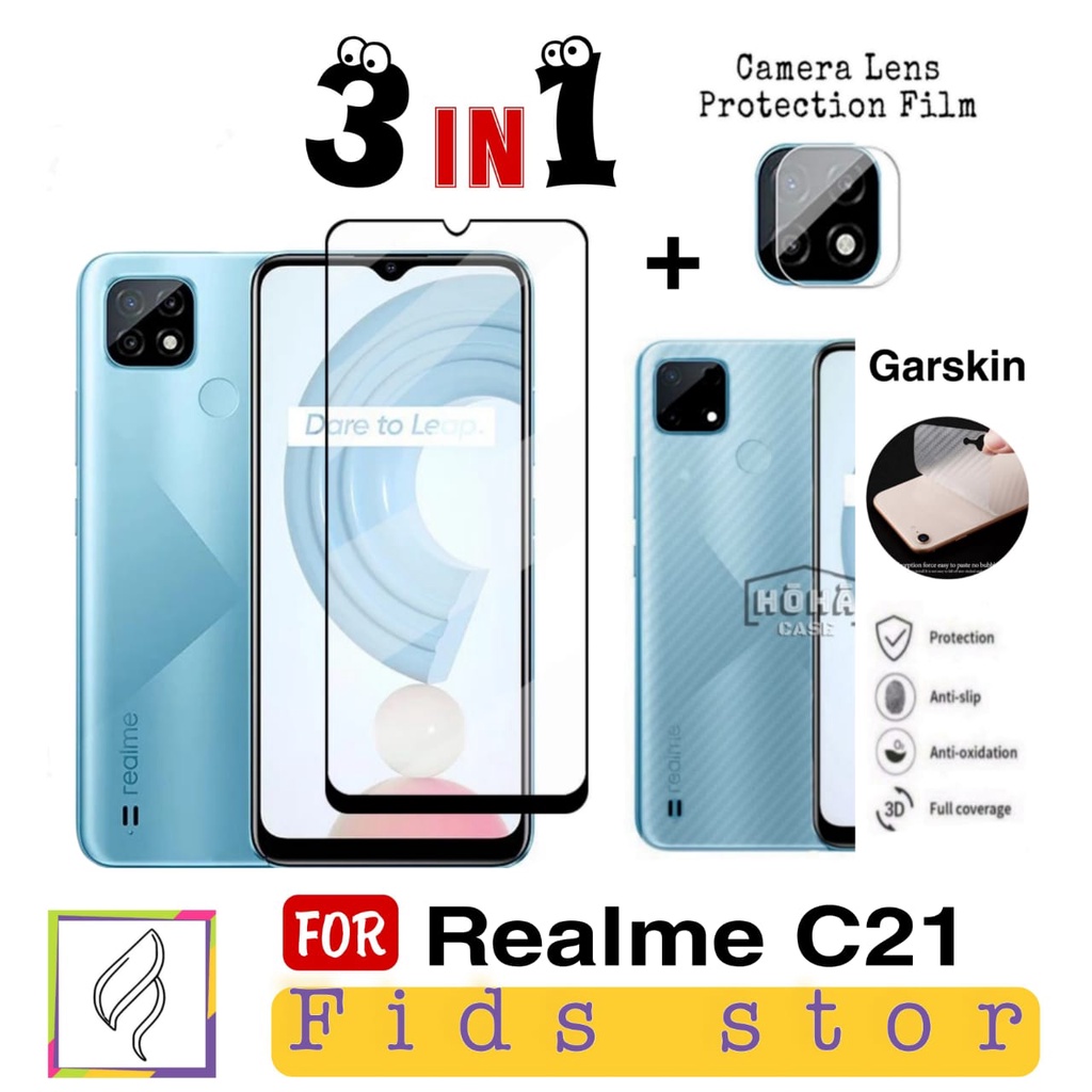 PROMO 3in1 Tempered Glass REALME C21 Free Anti Gores CAMERA &amp; GARSKIN Carbon