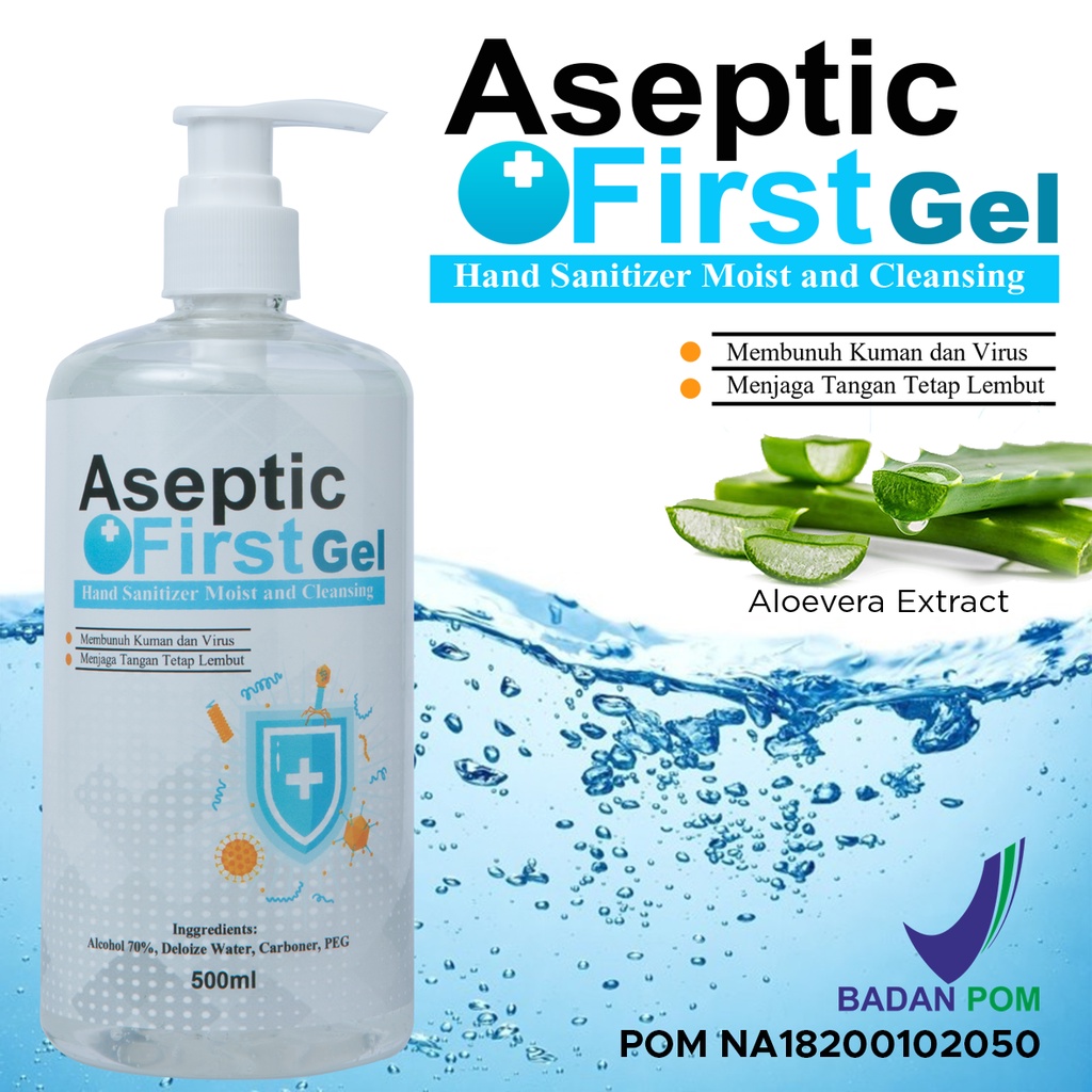 HANDSANITIZER GEL PUMP 500ML ASEPTIC FIRST GEL LEMBUT DIKULIT