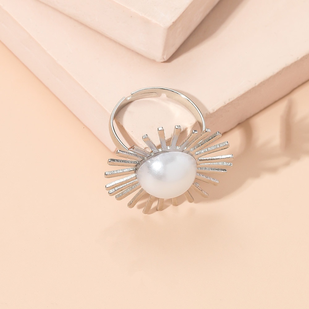 Cincin Model Terbuka Desain Bunga Aksen Mutiara Warna Silver Gaya Korea Untuk Wanita