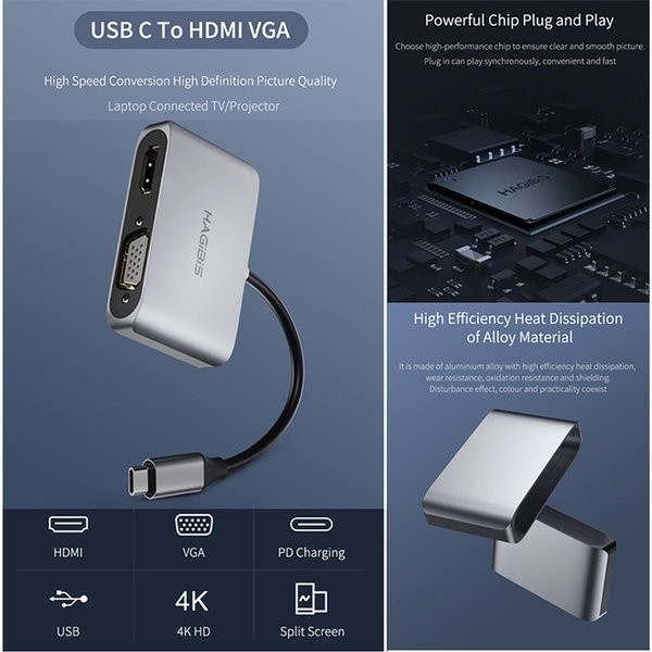 HAGIBIS USB C HDMI VGA Adapter Second Generation Type C ORIGINAL