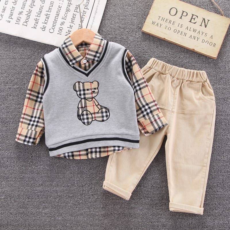 anaanakstore - setelan import premium 3in1 anak laki laki motif vest burcream &amp; burgrey