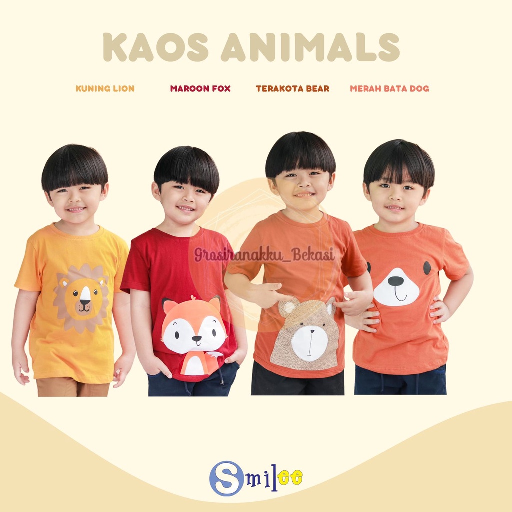 Kaos Anak Cowok Smile Murah Animals Mix Motif Size 1-5Thn