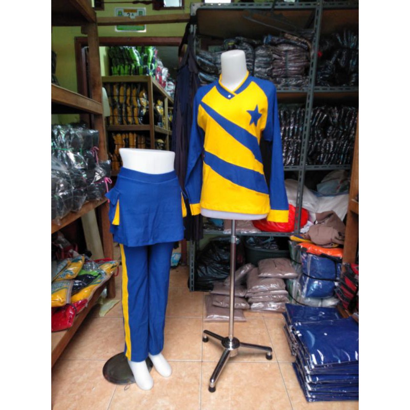 baju senam wanita setelan celana rok kantong bahan denim spandex katun