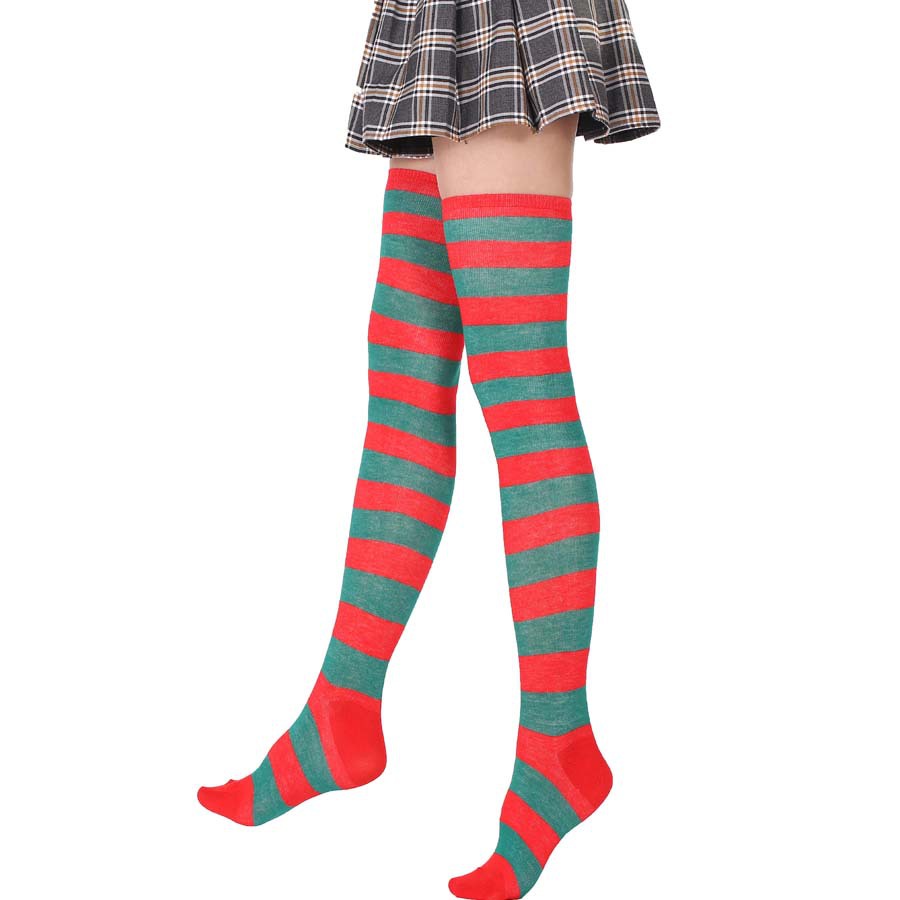 Kaos Kaki Wanita Over Knee Socks Kaos Kaki Sepaha Motif Belang-Belang Kaos Kaki Panjang-Red X Green