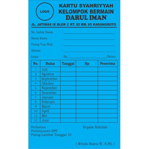 KARTU SPP PAUD (TK, KB, TPA), TPQ, Diniyyah
