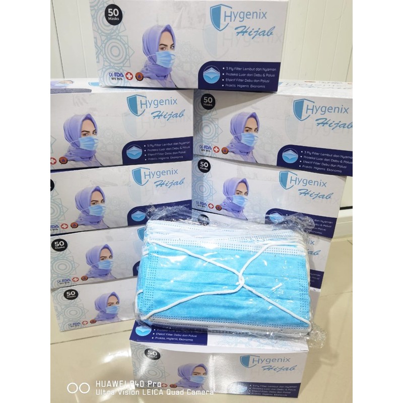 Masker Wajah Headloop HYGENIX 3Ply isi 50pc - MASKER HIJAB