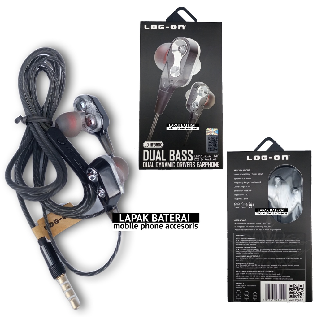 LOG - ON in ear EARPHONE DUAL DYNAMIC DRIVER / DUAL BASS - HF8800 headset handsfree