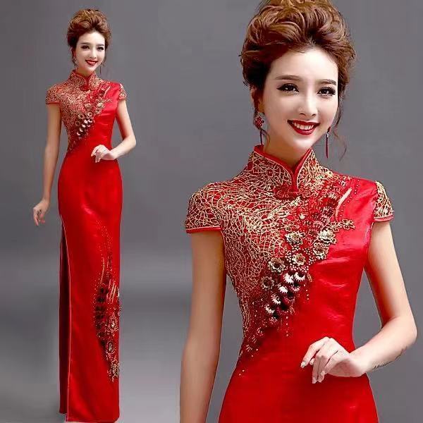 2020 new golden Lace Flower Bride Wedding Toast dress wedding red cheongsam dress bride performance