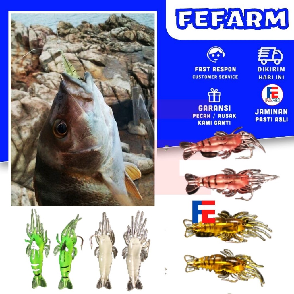 Umpan Pancing Udang Karet 4 cm Dilengkapi Kail FEFARM